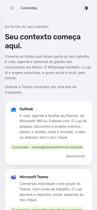 As Conexões do Lupi: Outlook e Teams conectados, e o WhatsApp pronto para conectar.