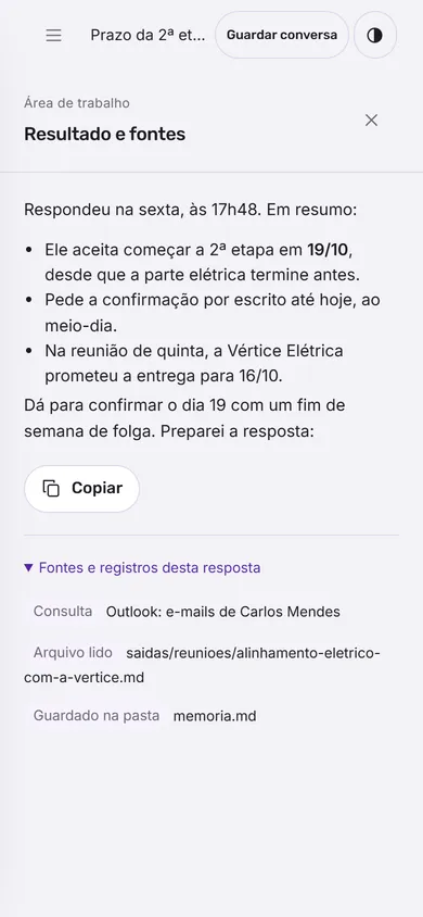 A tela Conversar do Lupi: a resposta sobre o prazo da Clínica Aurora e, ao lado, as fontes que ele consultou.