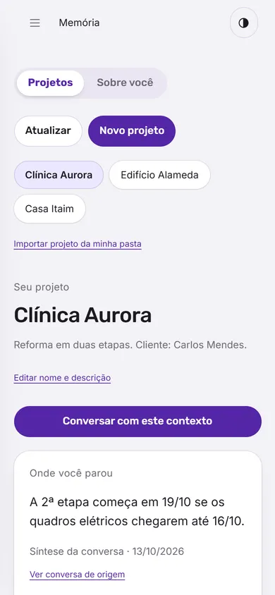 A Memória do Lupi: o projeto Clínica Aurora, com as decisões, onde a Marina parou e o próximo passo sugerido.