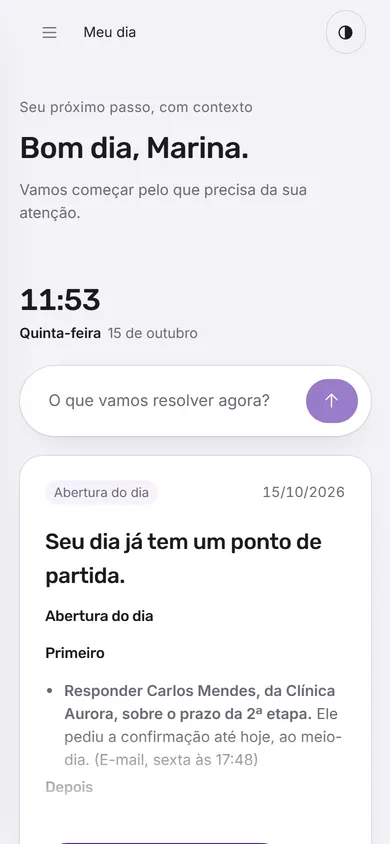 O Meu dia do Lupi: a abertura do dia e os avisos que chegaram por e-mail, Teams e WhatsApp.